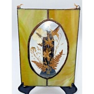 Vintage Stained Glass Pressed Flowers & Butterfly Hanging Sun Catcher 9” Signed